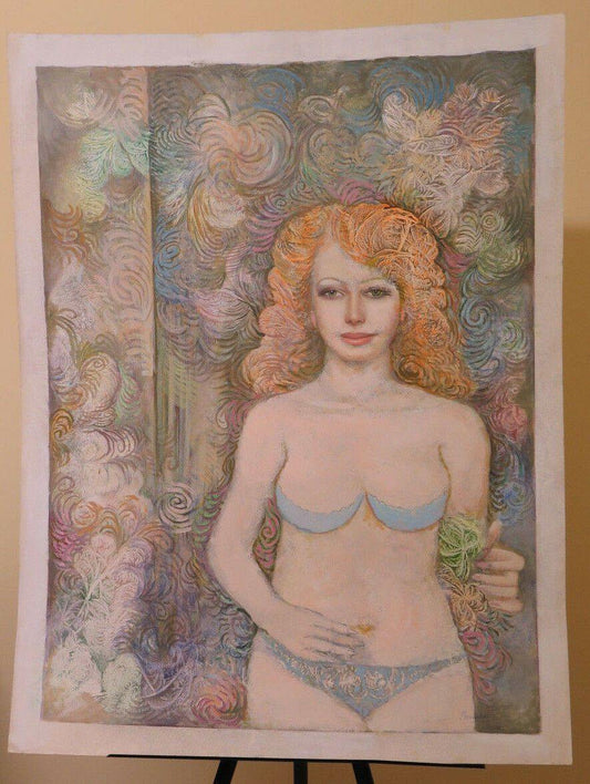 RITRATTO FEMMINILE NAIF POST MODERNO QUADRO DIPINTO A TECNICA MISTA ANNI80 P33.2 - Belbello Antiques