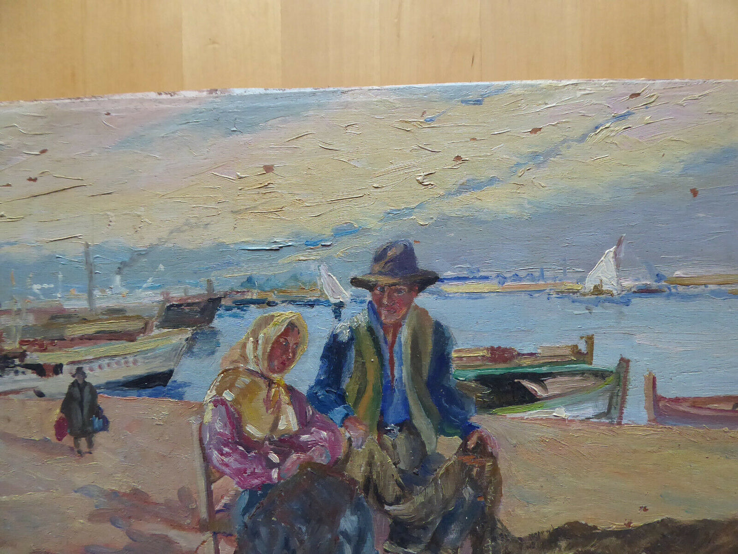 OIL PAINTING ON TABLE SEA SCENE BOATS FISHERMEN PAINTING SIGNED SEGURA MD2 