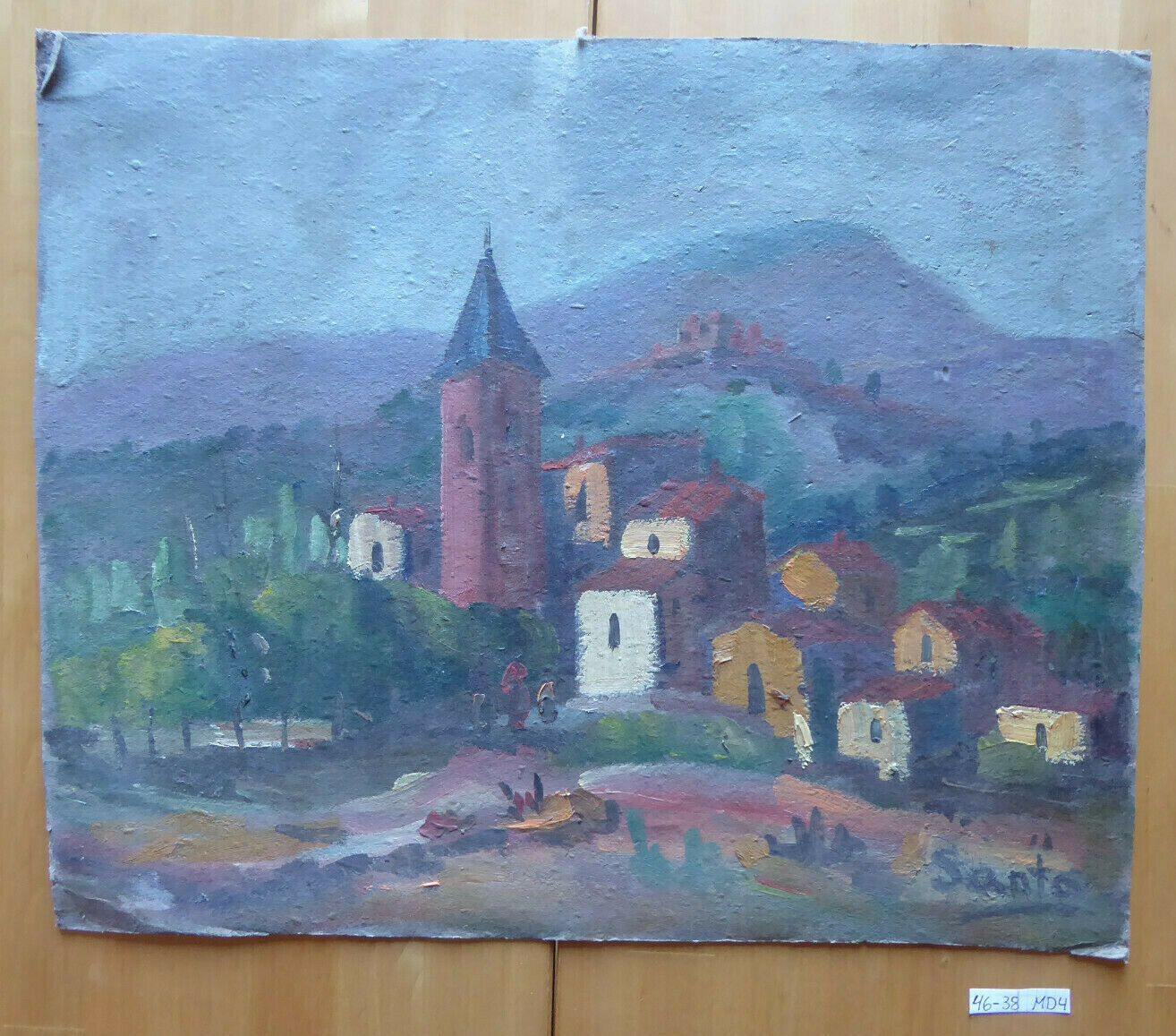 VECCHIO DIPINTO SPAGNOLO FIRMATO SANTO PAESAGGIO VEDUTA VILLAGGIO EPOCA '900 MD4 - Belbello Antiques