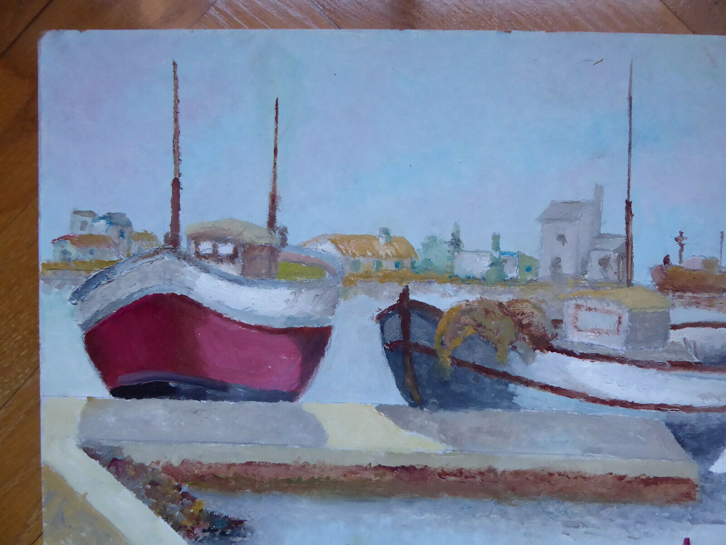 VECCHIO QUADRO OLIO SU TAVOLA BARCHE PESCATORI ORMEGGIATE AL PORTO FIRMATO MD6 - Belbello Antiques