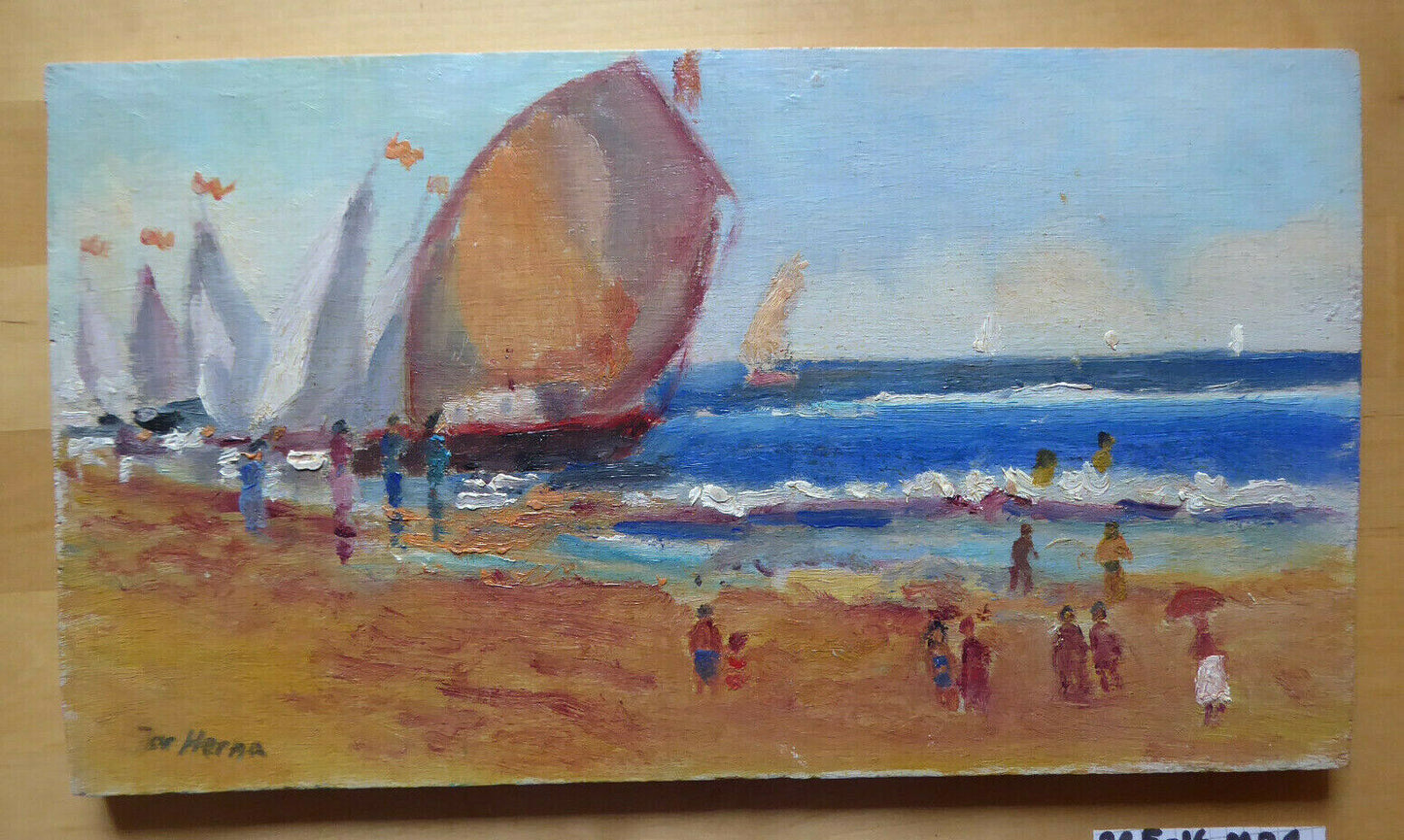 OLD PAINTING OIL SKETCH ON TABLE VIEW OF BLUE SEA WITH BOATS MD1 