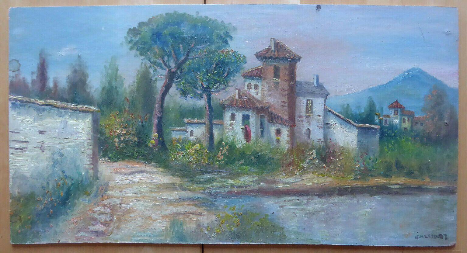 VECCHIO DIPINTO IN STILE IMPRESSIONISTA PAESAGGIO CAMPAGNA SPAGNA FIRMATO MD4 - Belbello Antiques