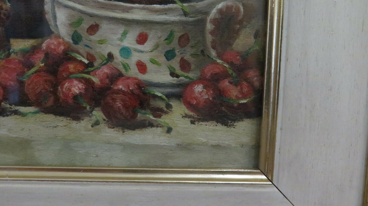 QUADRO AD OLIO VINTAGE NATURA MORTA CILIEGIE FIRMATO GIUSEPPE CASTAGNERO BM38