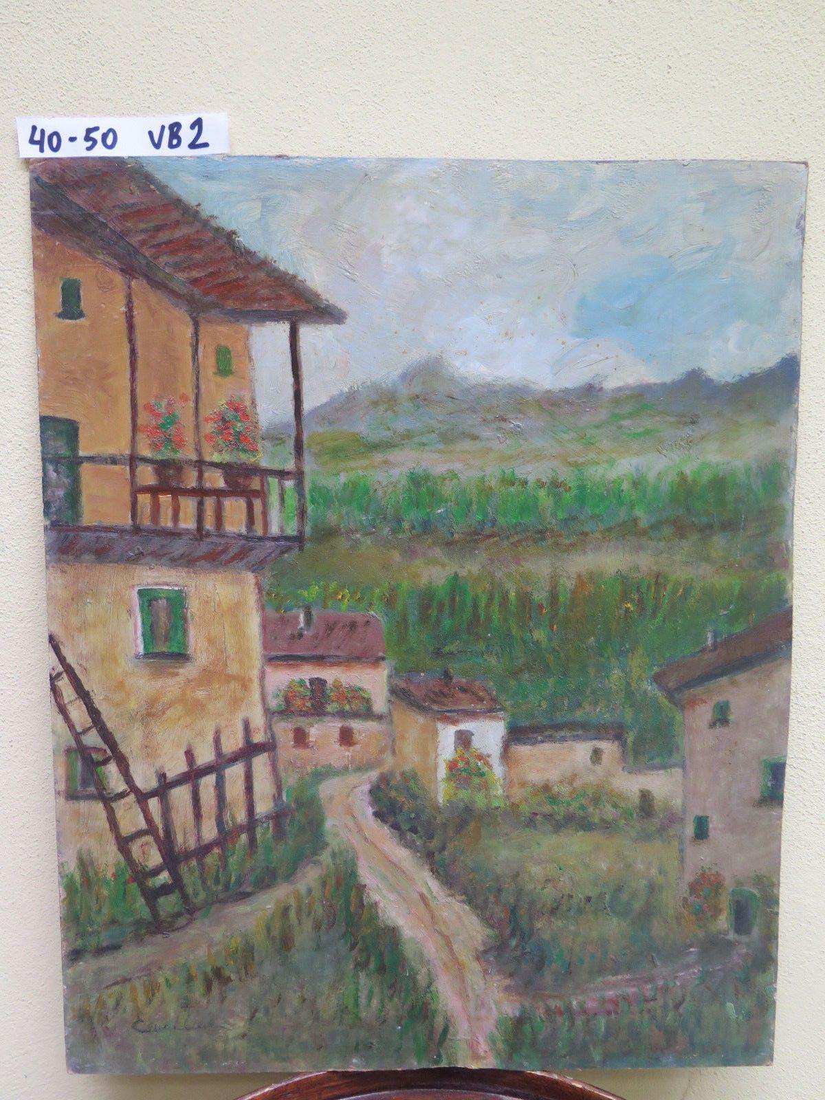 ANTICO DIPINTO AD OLIO SU TAVOLA PESAGGIO IN PRIMAVERA VEDUTA DI CAMPAGNA vb2 - Belbello Antiques