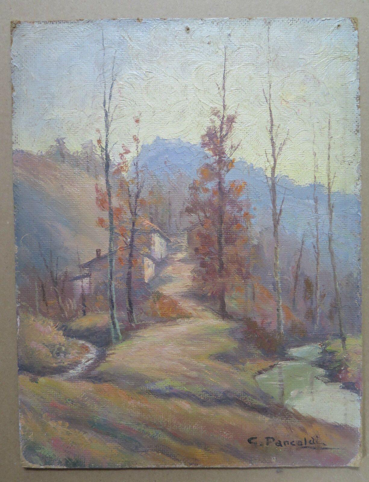 QUADRO ANTICO PAESAGGIO AUTUNNALE AUTUNNO ORIGINALE FIRMATO PANCALDI 24x32 p3 - Belbello Antiques