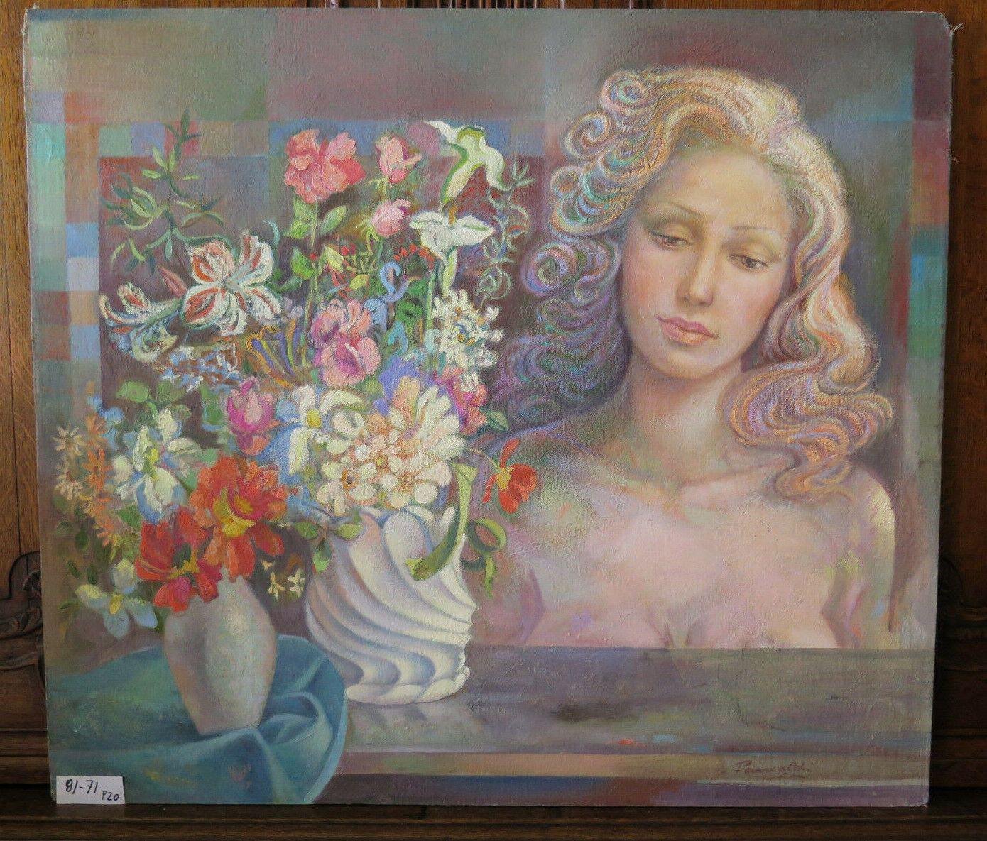 81x71 cm QUADRO OLIO DIPINTO VINTAGE RITRATTO NUDO FEMMINILE TAVOLA FIRMATO P20 - Belbello Antiques