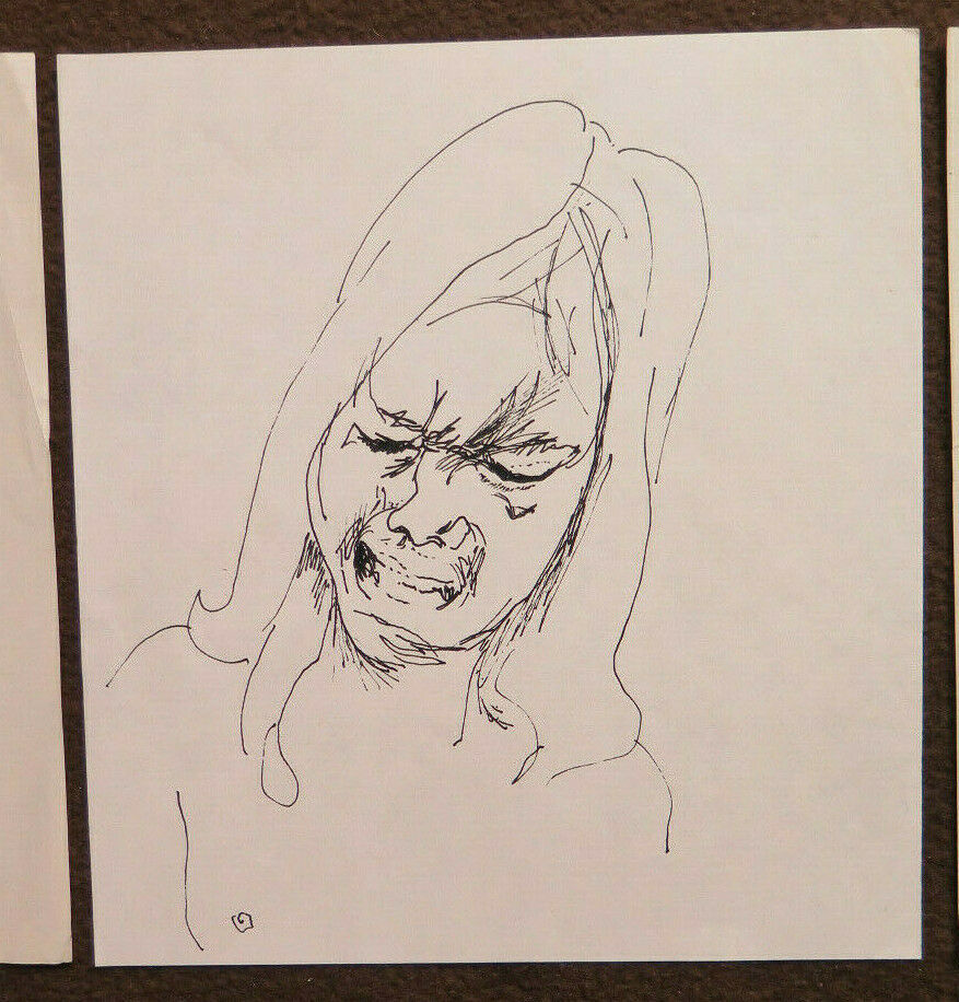 THREE PORTRAIT DRAWINGS OF MAN AND WOMAN OLD VINTAGE PEN ON PAPER 1960s P28.8