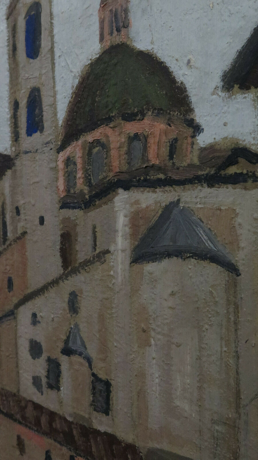 QUADRO AD OLIO EPOCA VEDUTA CHIESA CENTRO STORICO DIPINTO AD OLIO SU TAVOLA BM40