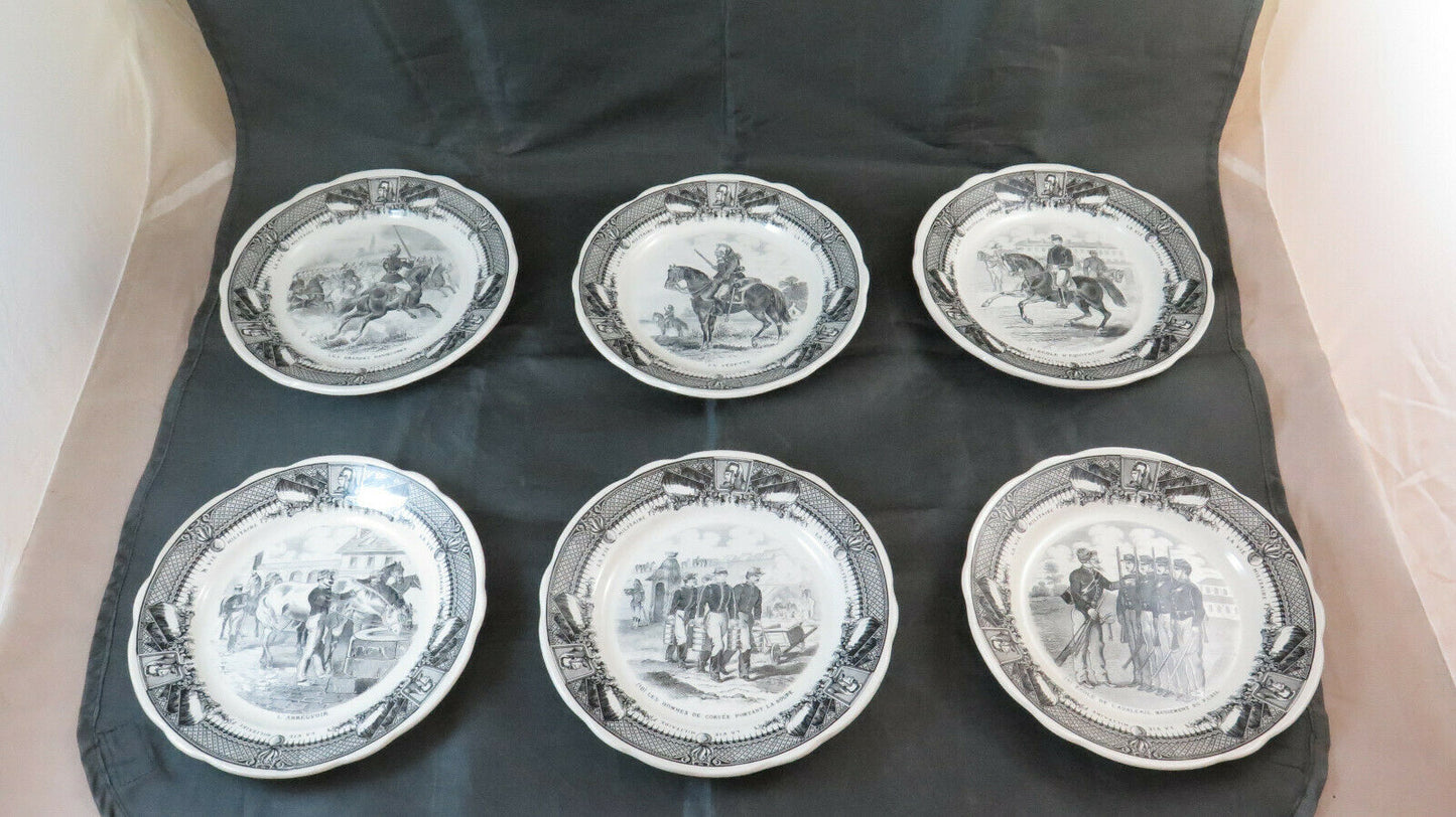 6 CERAMIC PLATES SARREGUEMINES LA VIE MILITAIRE FRANCE PORCELAIN BM32 