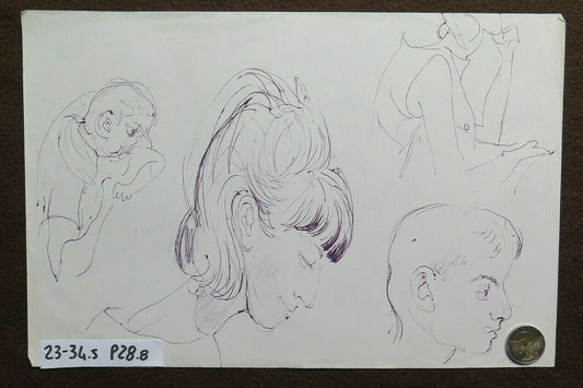 ANTIQUE DRAWING STUDY PORTRAITS OF HUMAN FACES ON PAPER SKETCH SKETCH ART P28.8