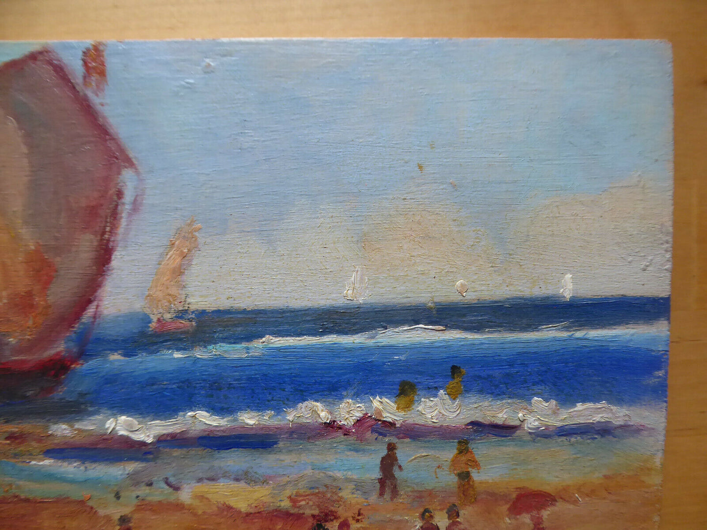 OLD PAINTING OIL SKETCH ON TABLE VIEW OF BLUE SEA WITH BOATS MD1 