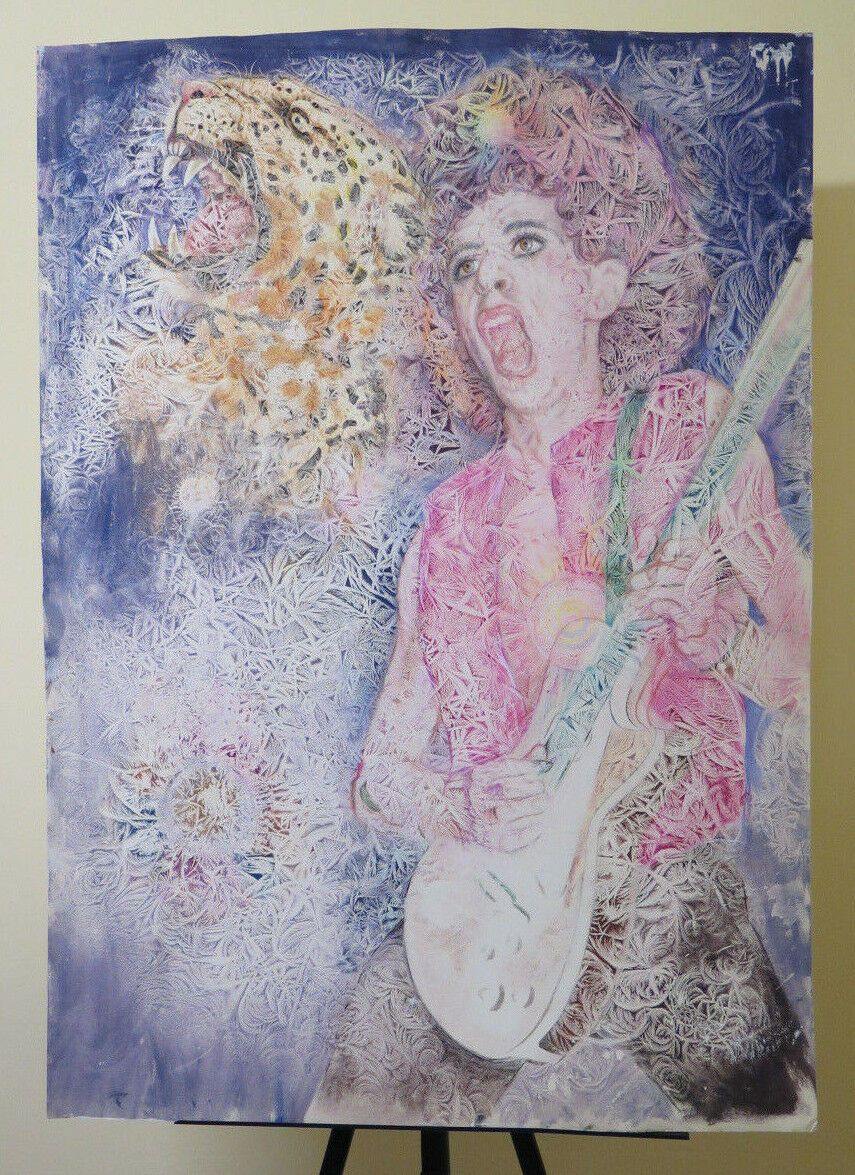 QUADRO POP ART ANNI '80 VINTAGE RITRATTO CHITARRISTA ROCK ANNI '70 GLAM  P33.6 - Belbello Antiques