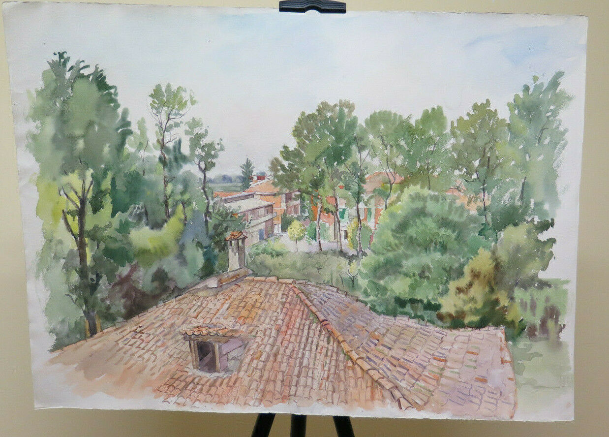 70x50 cm VINTAGE PAINTING WATERCOLOR LANDSCAPE VIEW OF TOWN P32