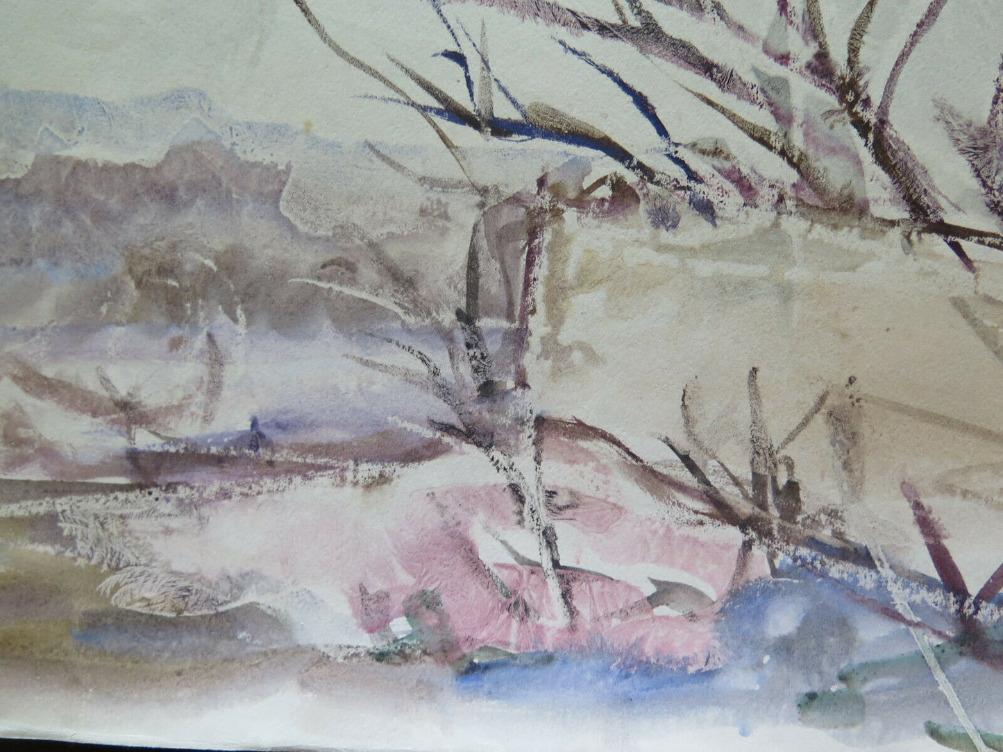 50x35 cm VINTAGE WATERCOLOR PAINTING SNOWY LANDSCAPE WINTER P14