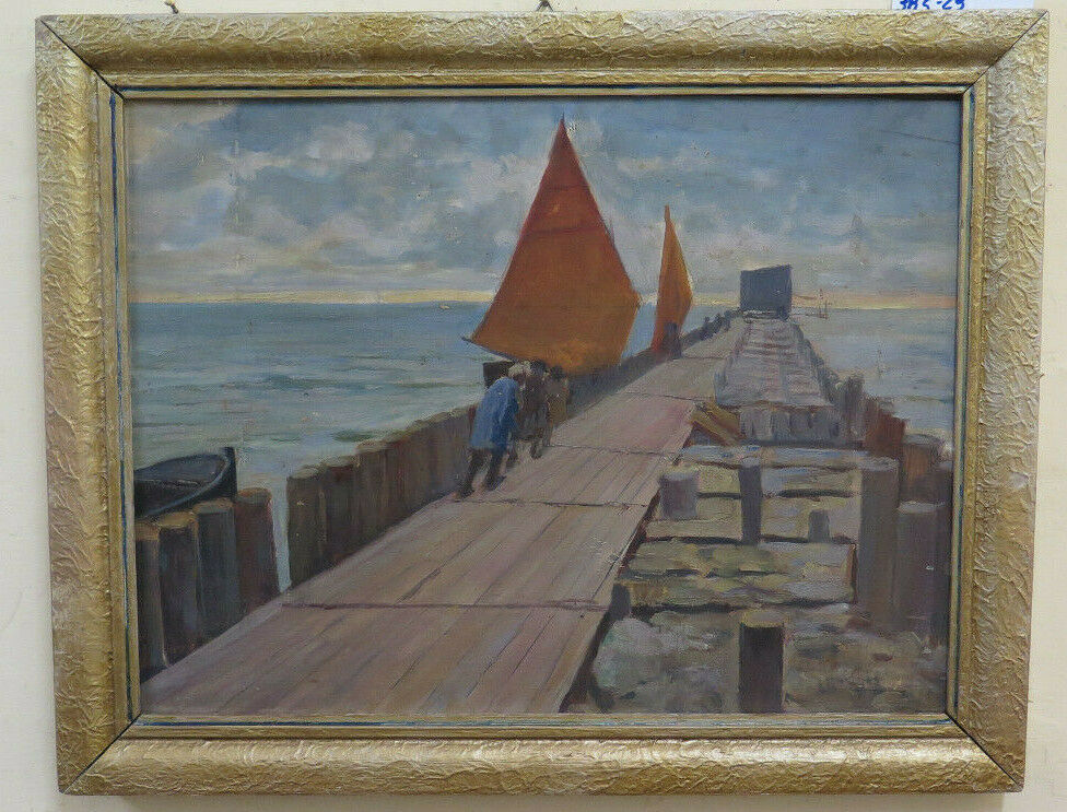 ANTIQUE OIL PAINTING ON TABLE OF SEA VIEW MARINA CHARACTERS SAILING BOAT BM51 