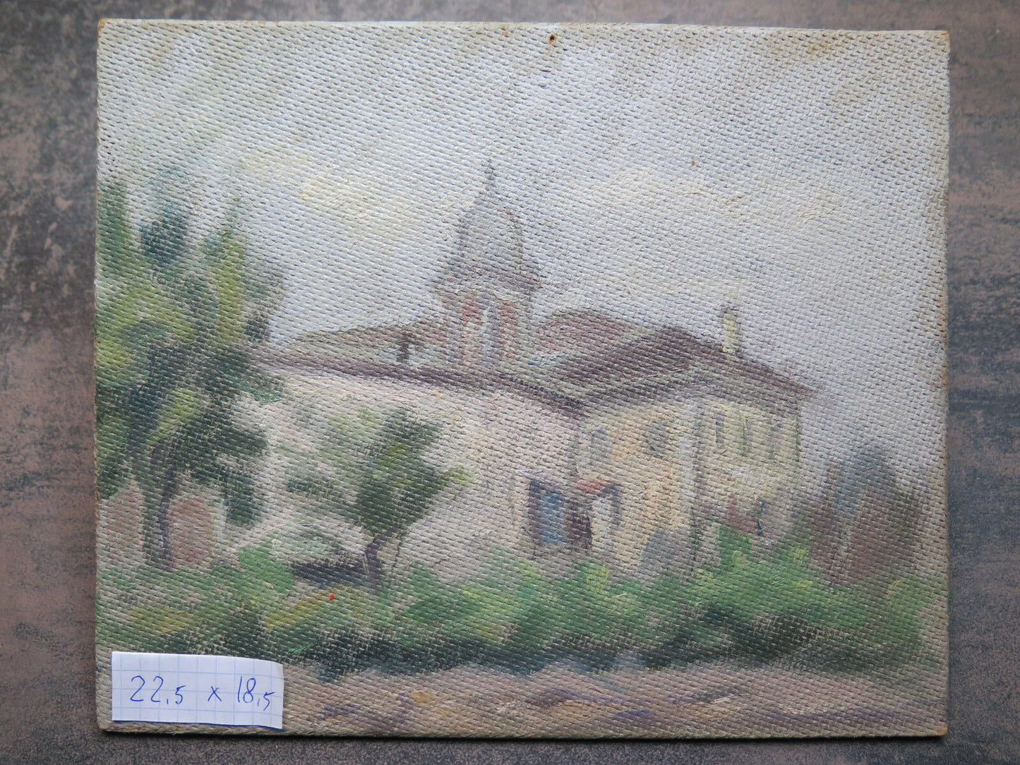 ANTICO DIPINTO TAVOLA VEDUTA PAESE EMILIA ROMAGNA BOZZETTO QUADRO ORIGINALE p1 - Belbello Antiques