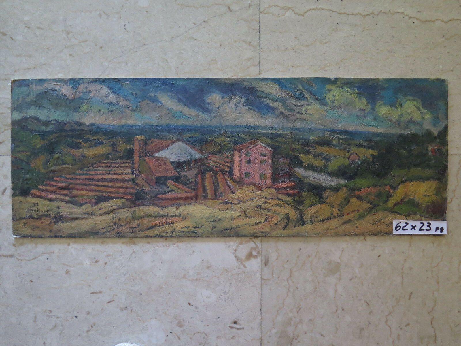 QUADRO ANTICO DIPINTO OLIO SU TAVOLA PAESAGGIO CAMPAGNA VEDUTA DALLA COLLINA p8 - Belbello Antiques