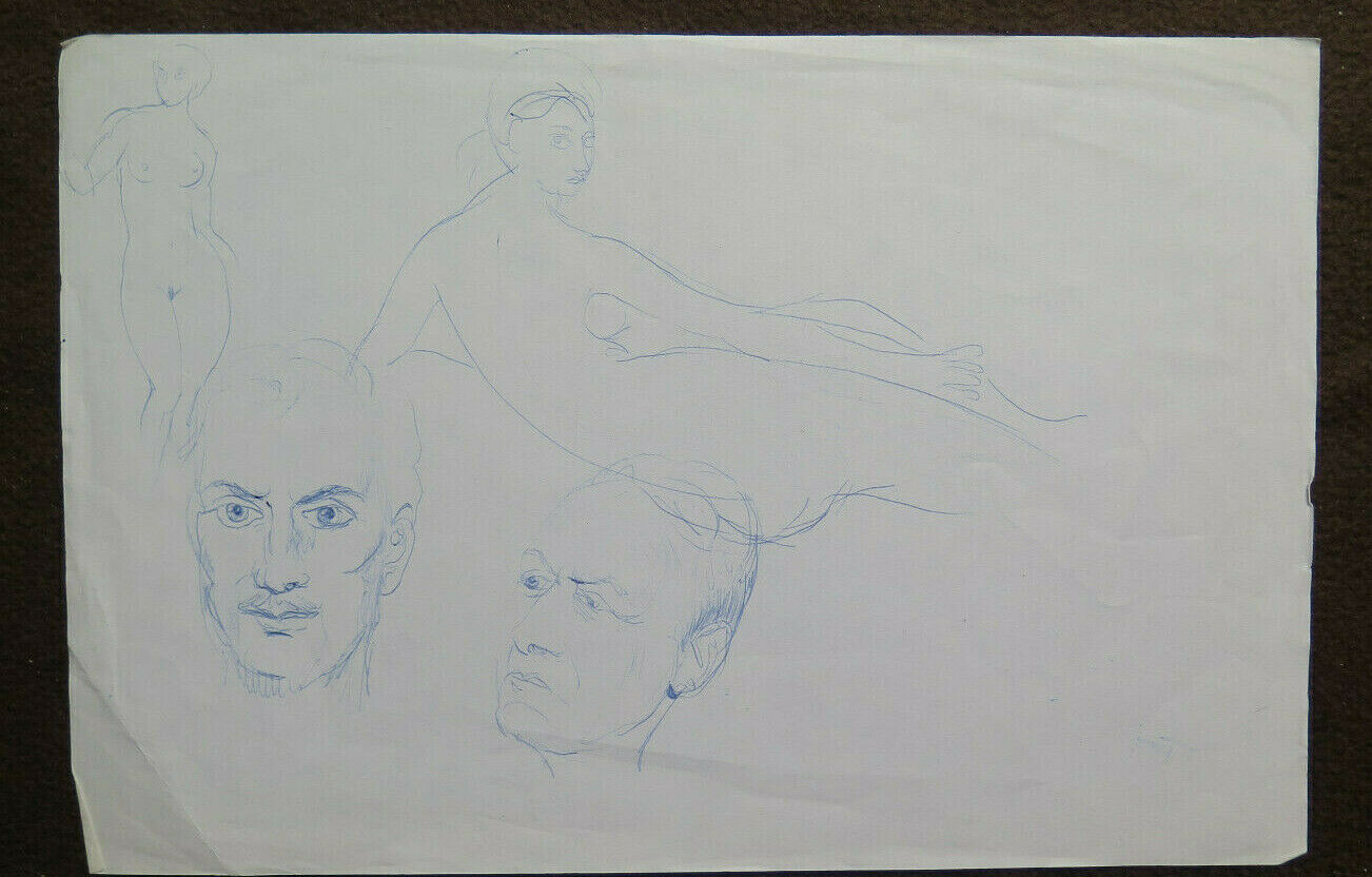 OLD SKETCH DRAWING WITH STUDY FOR HUMAN BODY AND FACES 1960s P28.8