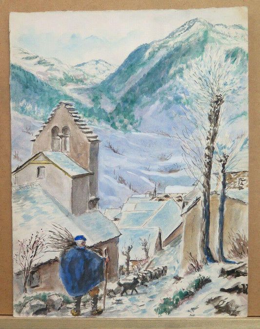 VECCHIO DIPINTO PAESAGGIO DEI PIRENEI NEVICATA QUADRO ACQUERELLO NEVE BM53.2 - Belbello Antiques