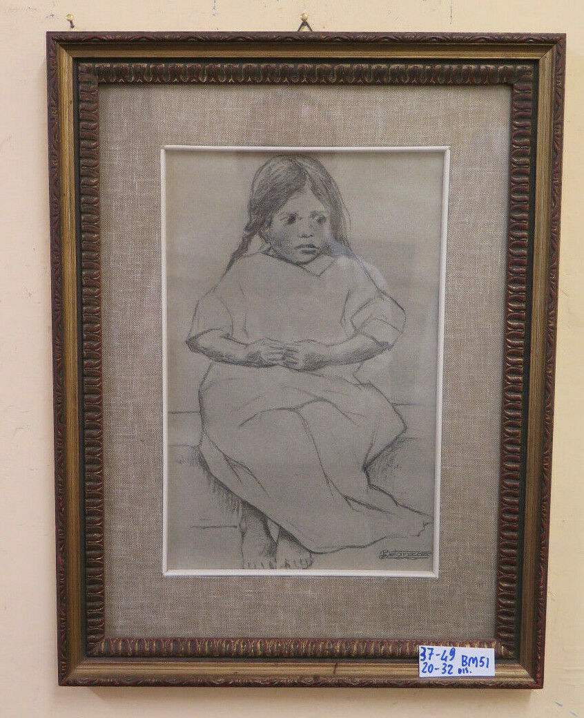 OLD PAINTING PORTRAIT OF A LITTLE GIRL SIGNED BETANZO PENCIL ON PAPER DRAWING BM51 