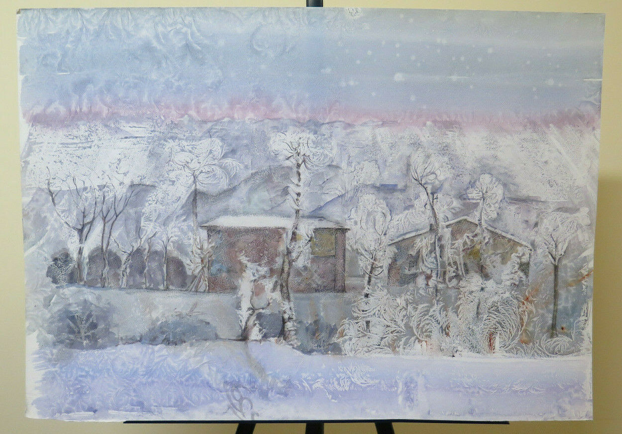 71x50 cm QUADRO VINTAGE MODERNO OPERA PITTORE G. PANCALDI PAESAGGIO NEVE P33.5