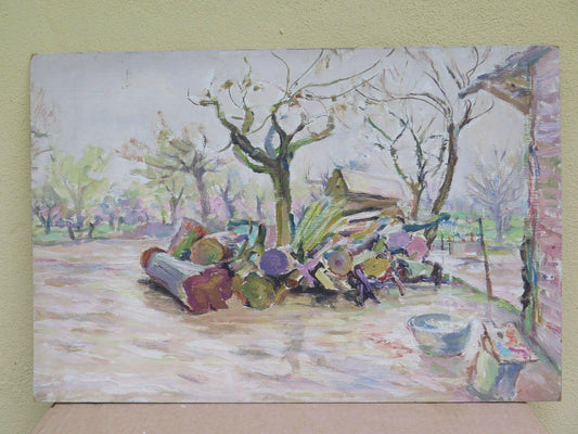 QUADRO ANTICO OLIO SU TAVOLA DIPINTO PAESAGGIO DI CAMPAGNA IN INVERNO ORIGINALE - Belbello Antiques