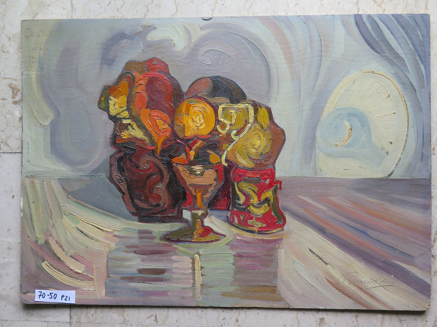 70x50 cm VINTAGE OIL PAINTING FROM THE FIFties SIGNED STILL LIFE PLATE P21 