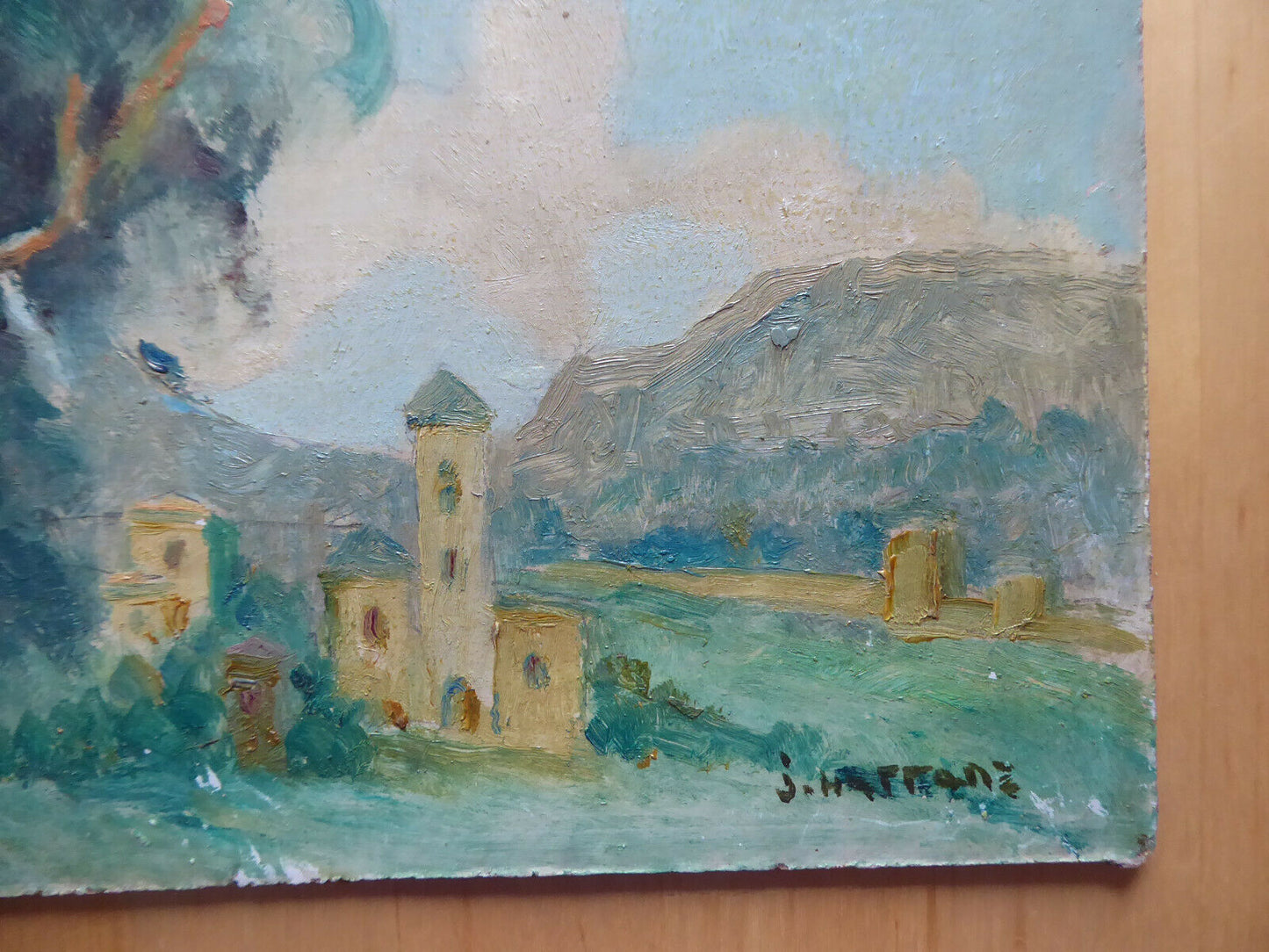 PAESAGGIO SPAGNOLO VECCHIO QUADRO DIPINTO AD OLIO SU TAVOLA FIRMATO VINTAGE MD2