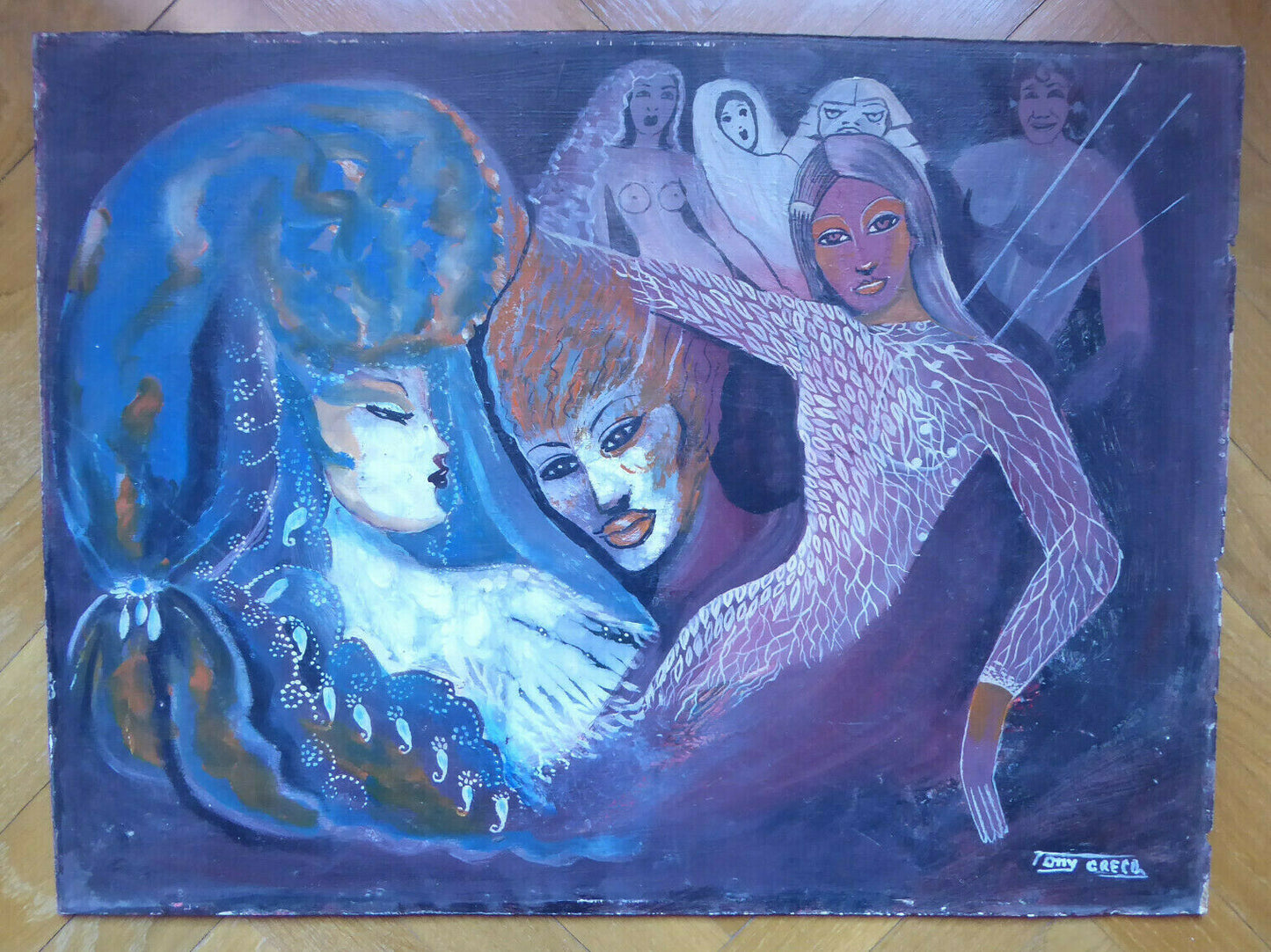 QUADRO VINTAGE ANNI 70 80 PITTORE CANARIO TONY GRECO SPAGNA FIGURE FEMMINILI MD6 - Belbello Antiques