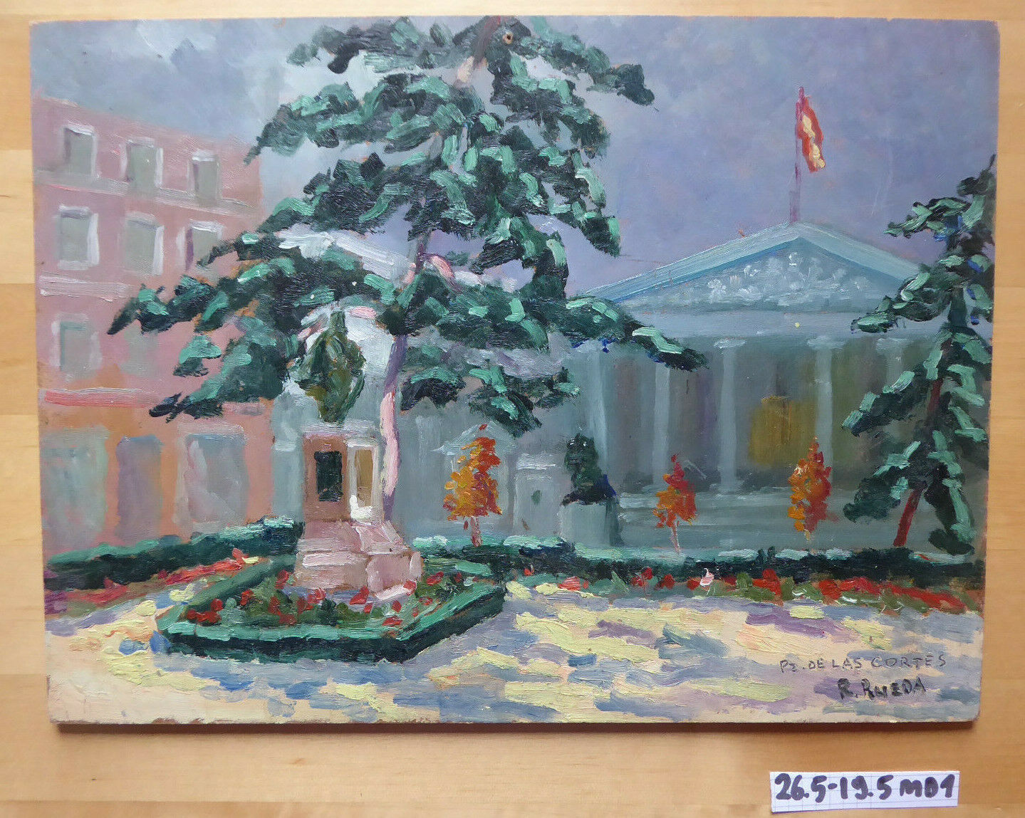 OLD SPANISH OIL PAINTING SIGNED RUEDA PLAZA DE LASO CORTES MADRID MD1 