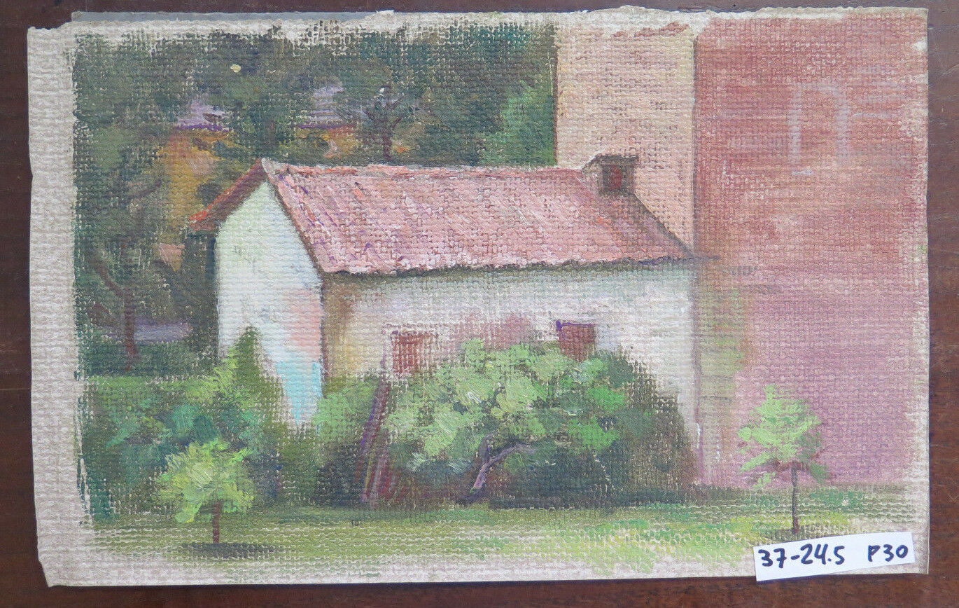 SMALL ANTIQUE OIL PAINTING ON TABLE COUNTRY VIEW WITH HOUSES P30