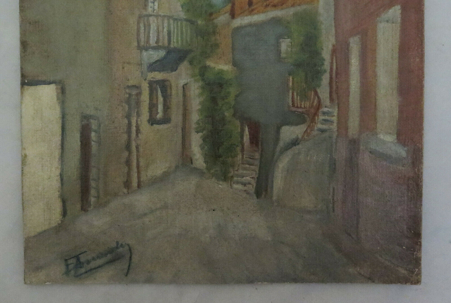 VEDUTA DI PAESE VECCHIO QUADRO AD OLIO SU TAVOLA FIRMATO DIPINTO VINTAGE BM40