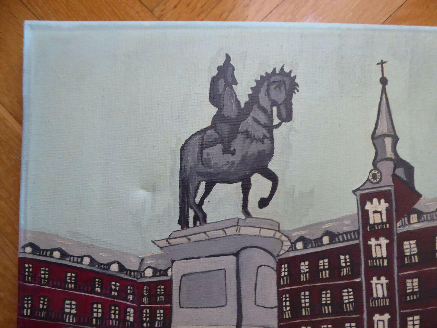 VECCHIO QUADRO AD OLIO SU TELA VEDUTA MADRID PLAZA MAYOR FIRMATO DE LEON MD5 - Belbello Antiques