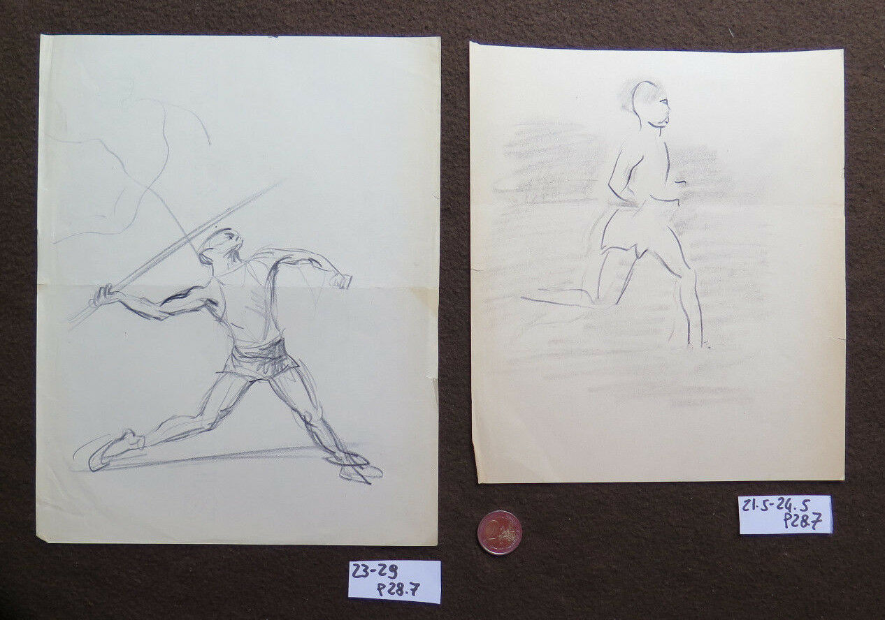 TWO OLD SKETCHES DRAWINGS OF FIGURES OF MARATHON ATHLETES JAVELIN THROW P28.7