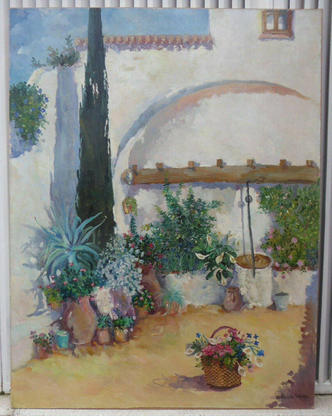 GRANDE QUADRO OLIO VEDUTA CORTILE VINTAGE PITTORE SPAGNOLO VICENTE SEGURA MD11 - Belbello Antiques