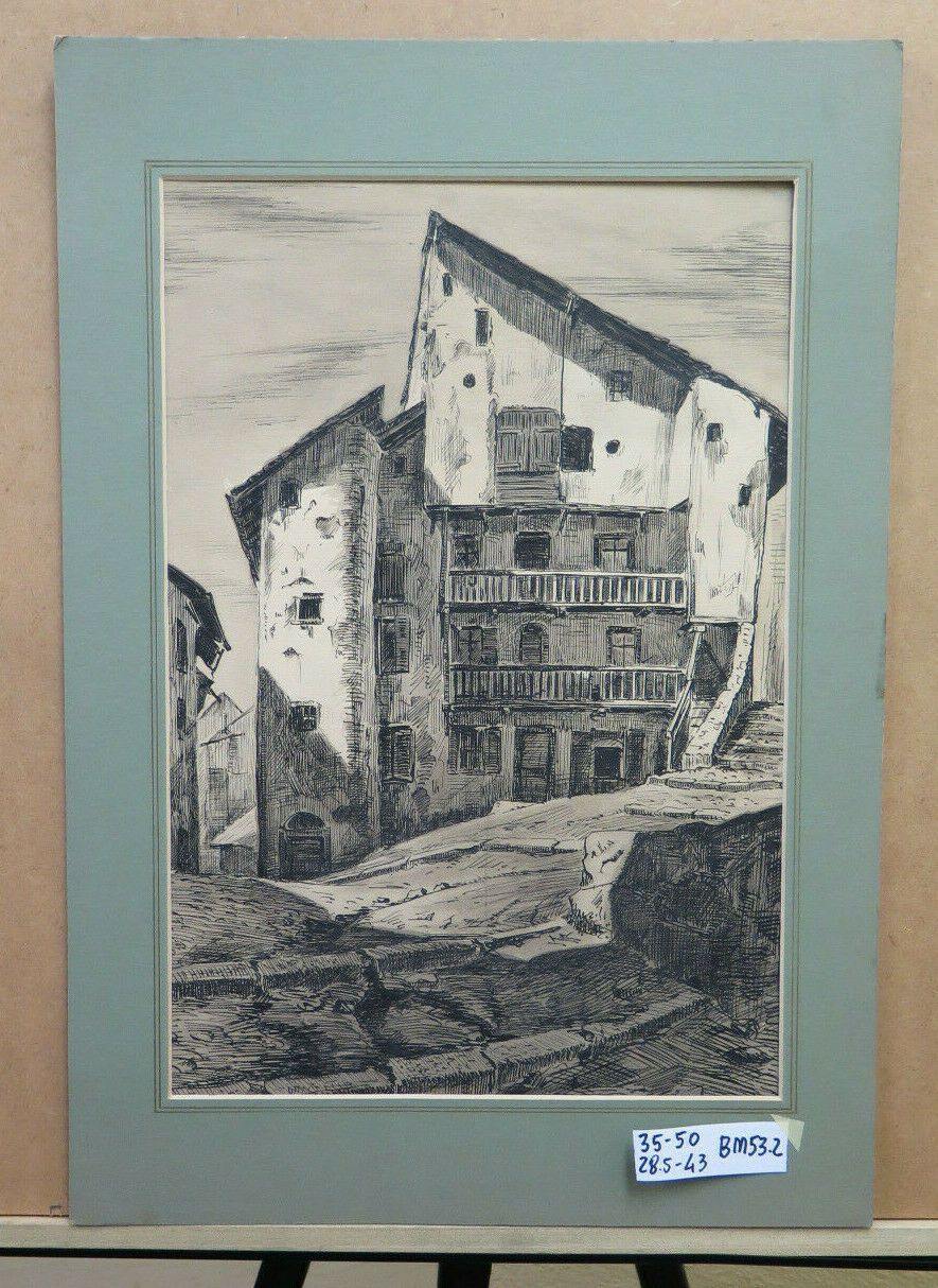 QUADRO ANTICO DIPINTO A CHINA FIRMATO VEDUTA BORGO DI MONTAGNA DISEGNO BM53.2 - Belbello Antiques