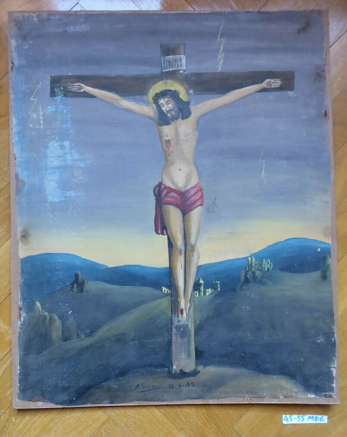 VECCHIO DIPINTO SPAGNOLO CROCIFISSIONE CRISTO QUADRO OLIO FIRMATO DATATO MD6 - Belbello Antiques