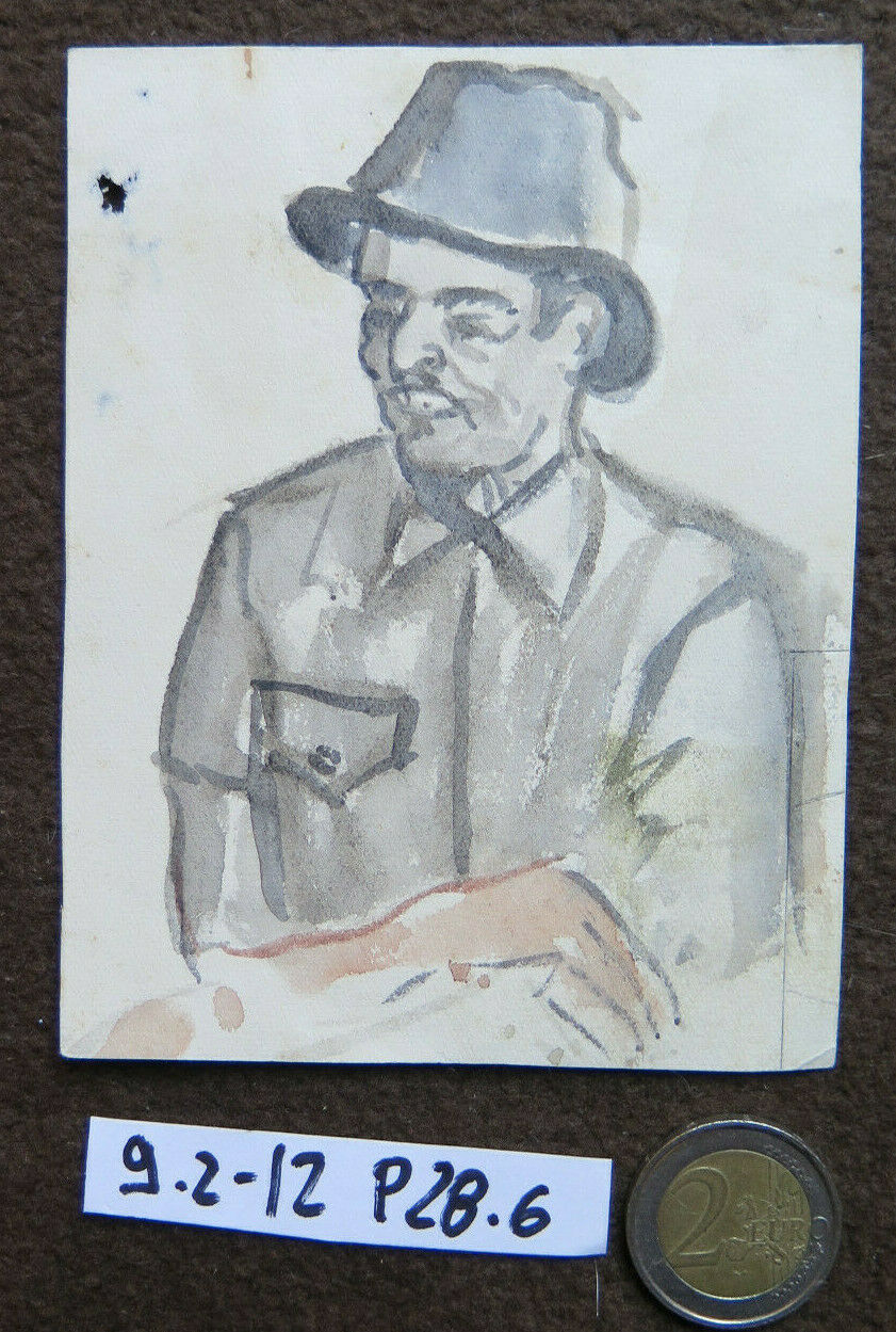 DIPINTO ANTICO ACQUERELLO SU CARTA BOZZETTO SCHIZZO RITRATTO CONTADINO P28.6 - Belbello Antiques