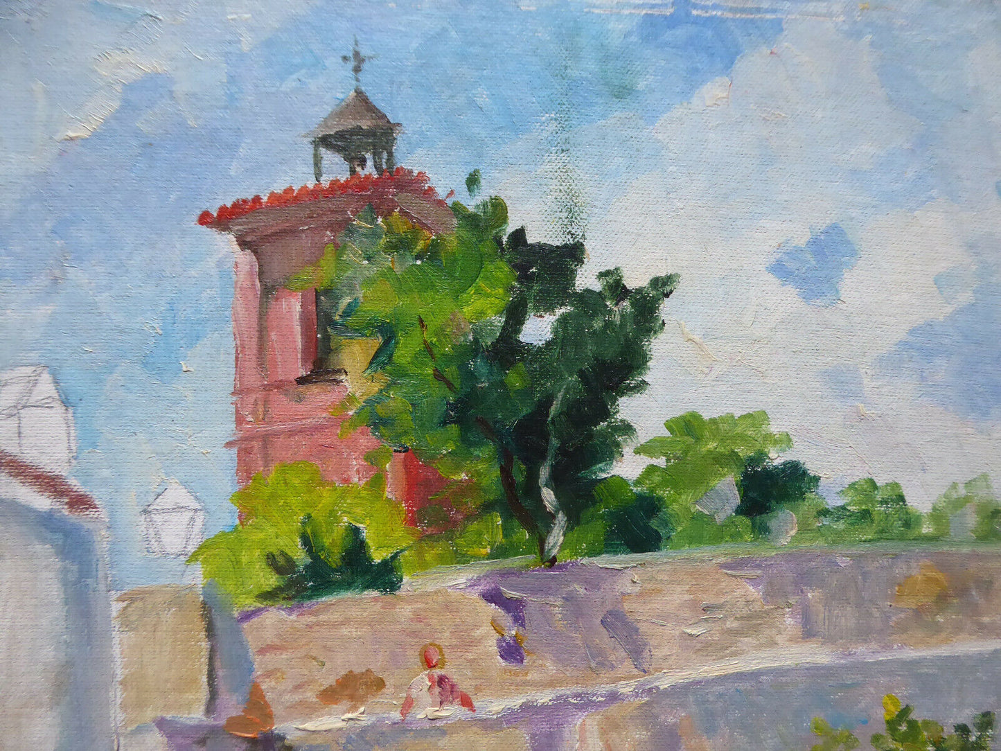 OIL PAINTING ON UNFINISHED PANEL VIEW OF SPANISH COUNTRY WORK PAINTER MD1