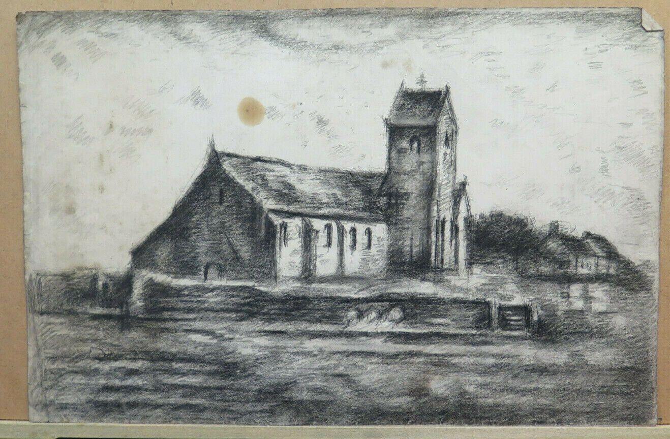 DISEGNO ANTICO VEDUTA CHIESA CAMPAGNA FRANCIA  Pierre Duteurtre detto DUT BM53.1 - Belbello Antiques