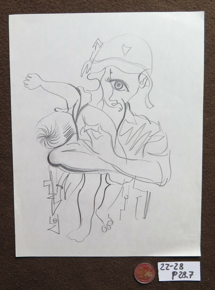 DISEGNO VINTAGE MATITA SU CARTA ANNI SESSANTA GUERRA VIETNAM BIMBO SOLDATO P28.7