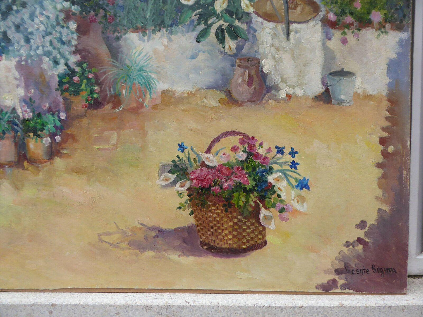 GRANDE QUADRO OLIO VEDUTA CORTILE VINTAGE PITTORE SPAGNOLO VICENTE SEGURA MD11 - Belbello Antiques