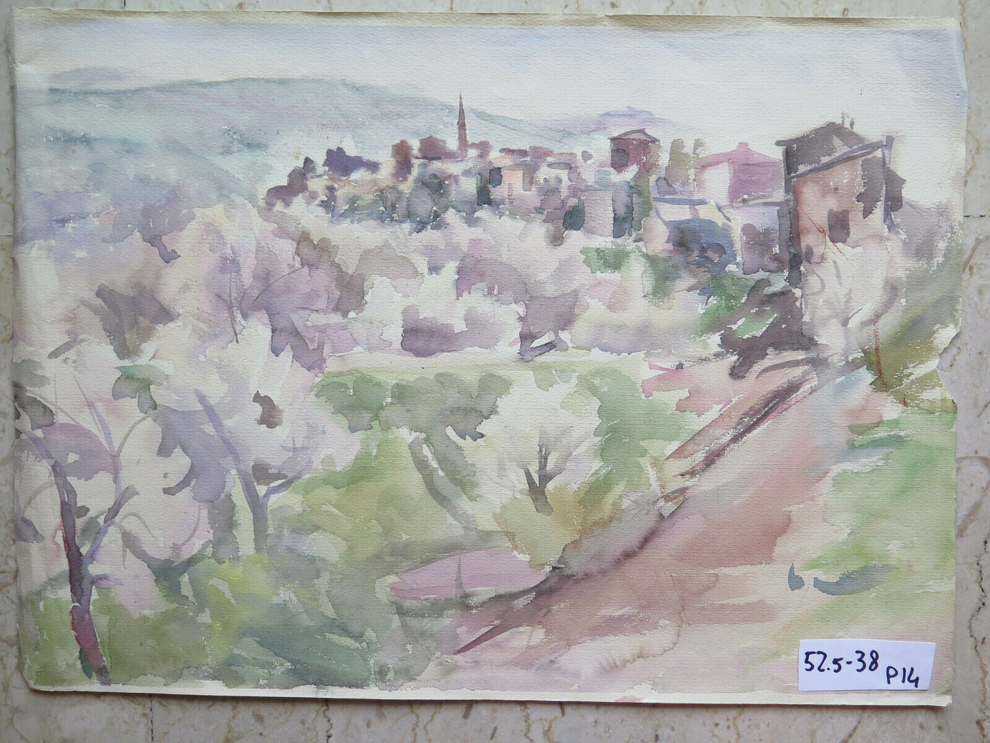 OLD PAINTING BY LOCAL PAINTER SKETCH OF A VILLAGE ON PAPER 52x38 cm P14