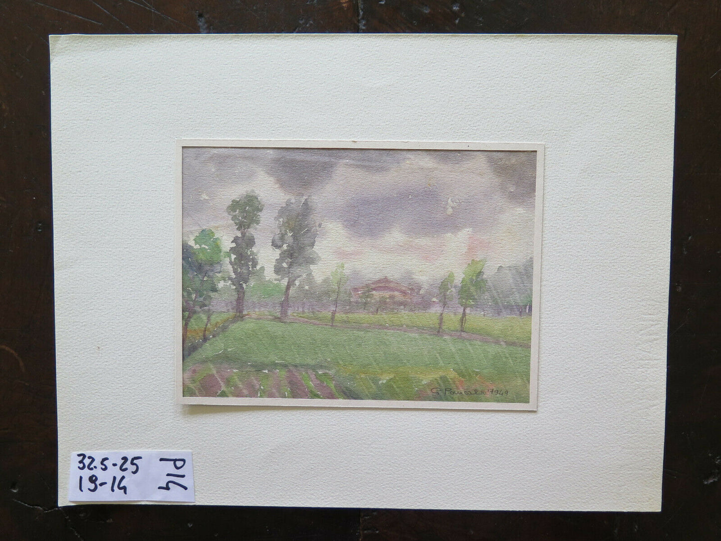 OLD WATERCOLOR PAINTING SIGNED AND DATED 1949 FIELD LANDSCAPE 19x14 cm P14