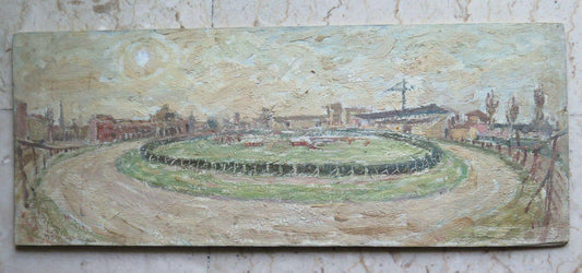 QUADRO ANTICO DIPINTO AD OLIO SU TAVOLA VEDUTA PIAZZA DEL PAESE GARANZIA p12 - Belbello Antiques