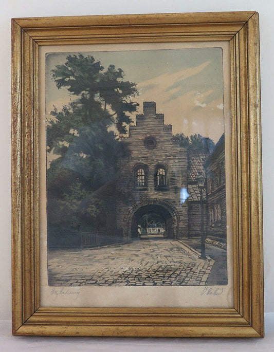 SIGNED ANTIQUE WATERCOLORED PRINT OF DENMARK CITY VIEW WITH FRAME R108