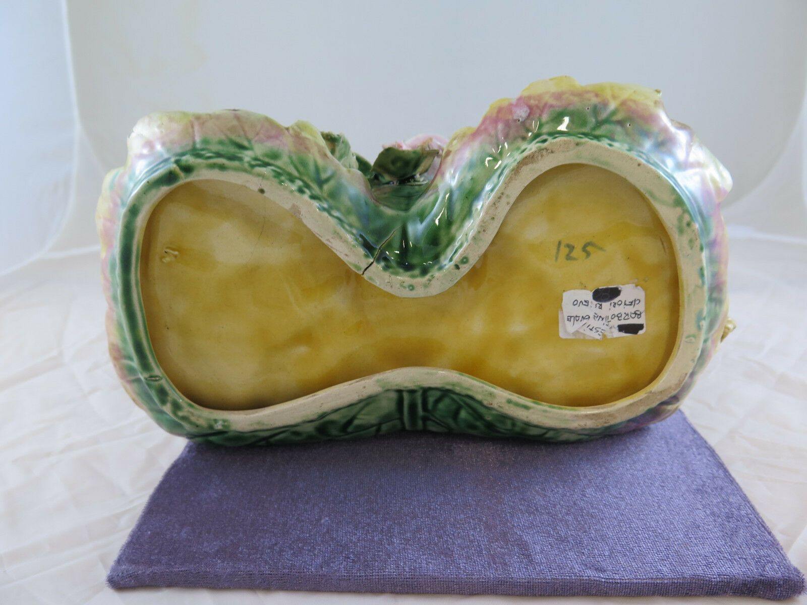 COPPA IN CERAMICA BARBOTTINE A FORMA DI FOGLIA ARROTOLATA FRANCIA FINE '800 r17 - Belbello Antiques