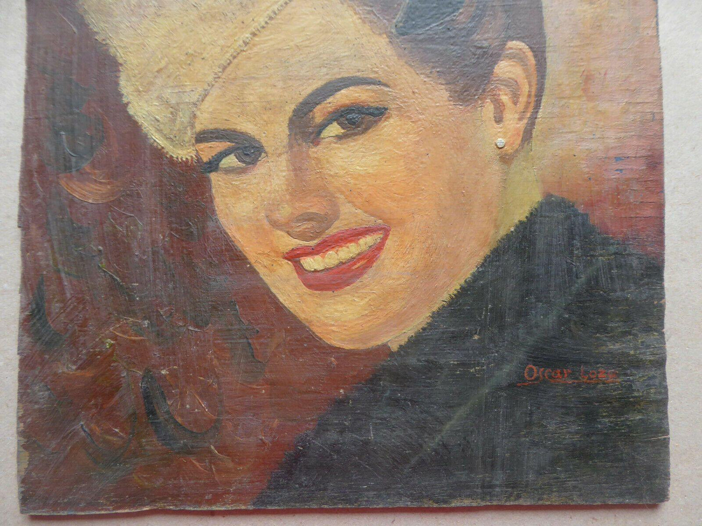 24x31cm ELEGANTE RITRATTO SIGNORA VECCHIO QUADRO OLIO FIRMATO OSCAR LOZA MD10 - Belbello Antiques