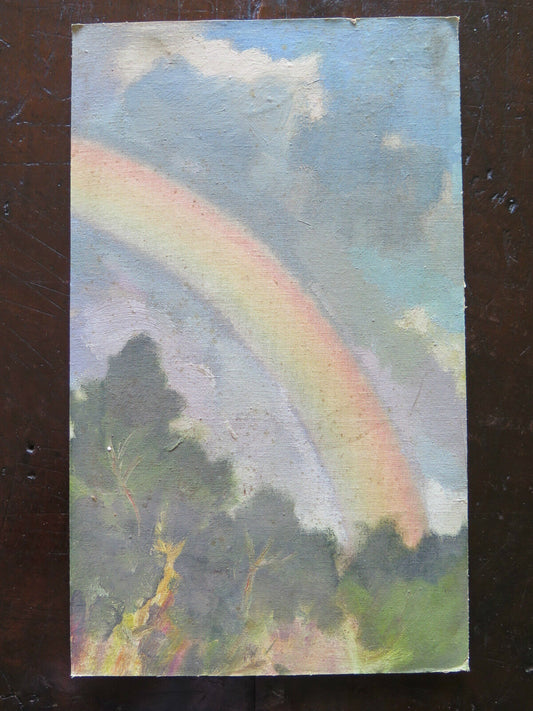 QUADRO OLIO SU TAVOLA DIPINTO ANNI SESSANTA PAESAGGIO ARCOBALENO ORIGINALE p16