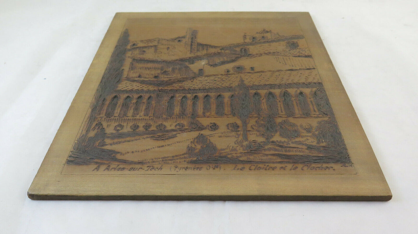 OLD PYROGRAPHY ON WOOD PAINTING ARLES-SUR-TECH ABBEY FRANCE PYRENEES BM38 